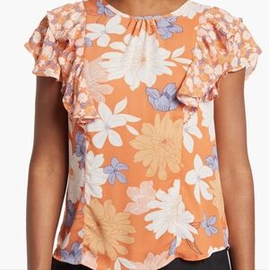 Dr 2 Floral Ruffle Sleeve Blouse - Orange and Blue